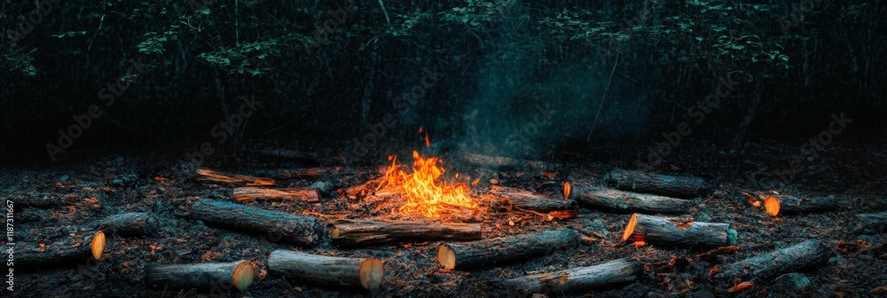 Poster bright bonfire burning in the center of a dark forest surrounded by logs, creating a warm and inviti