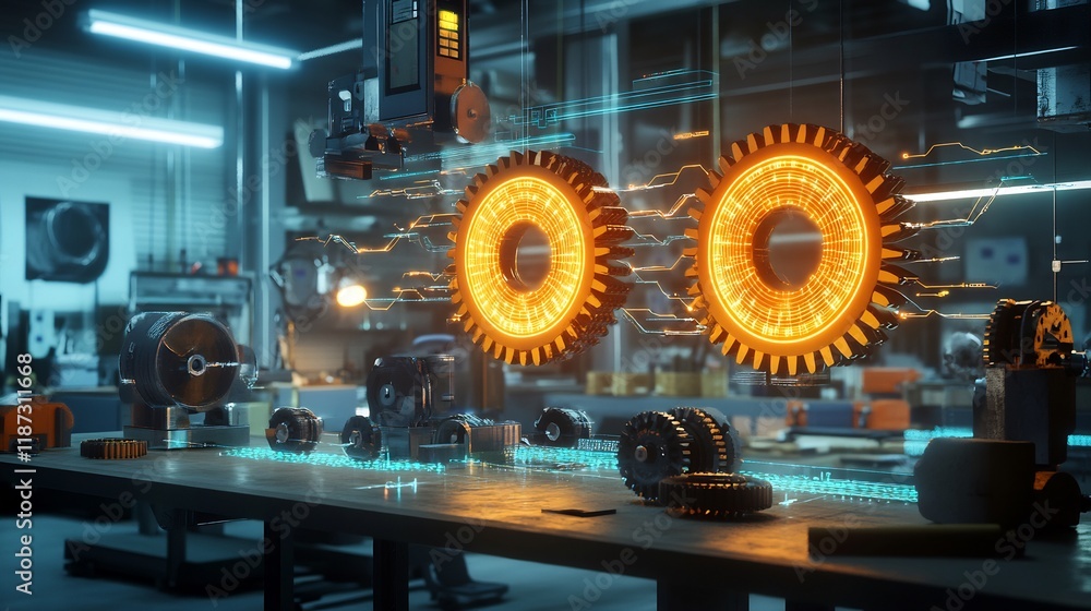 Poster Engineering concepts portrayed glowing cogwheels data streams in a hightech workshop