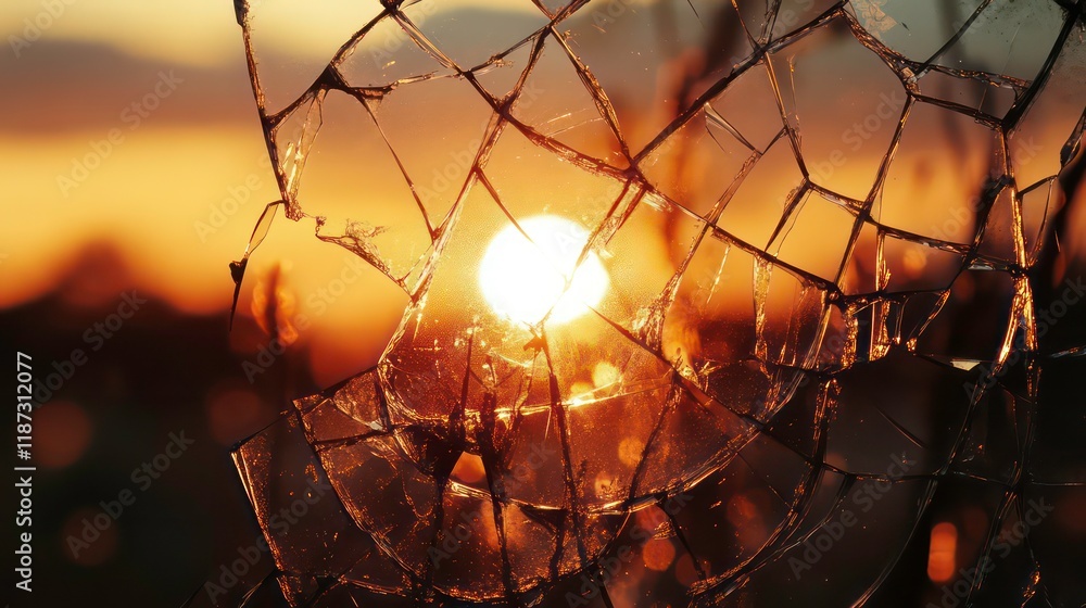Aufkleber sunset viewed through a shattered window pane.