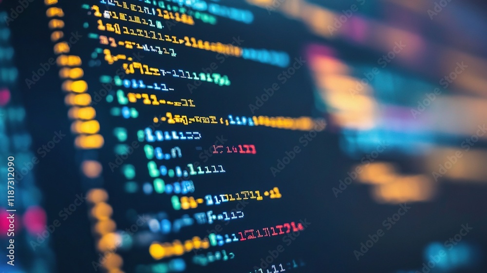 Poster dynamic computer code with vibrant lines and scaled details