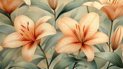 Obraz premium Elegant floral design featuring peach lilies and leaves.