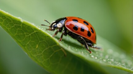 Obraz premium Red ladybug on a green leaf, close-up, macro photo