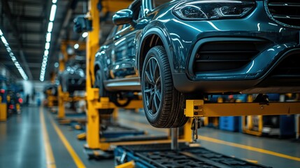Fototapeta premium Modern Car Assembly Line Showcasing Vehicle Production in a Factory Setting. Generative AI