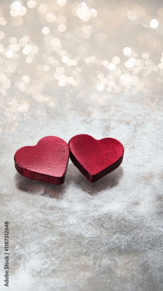 Poster two red wooden hearts lie on a silver glitter background with bokeh, creating a romantic and festive