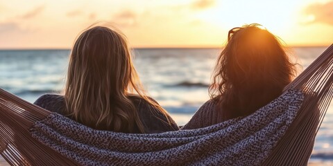 Two women sit together in a hammock at the beach, enjoying a stunning sunset while fostering a deep sense of friendship, connection, and relaxation in nature.