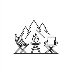 Portable Campfire and Summer Camping Chairs Line Art