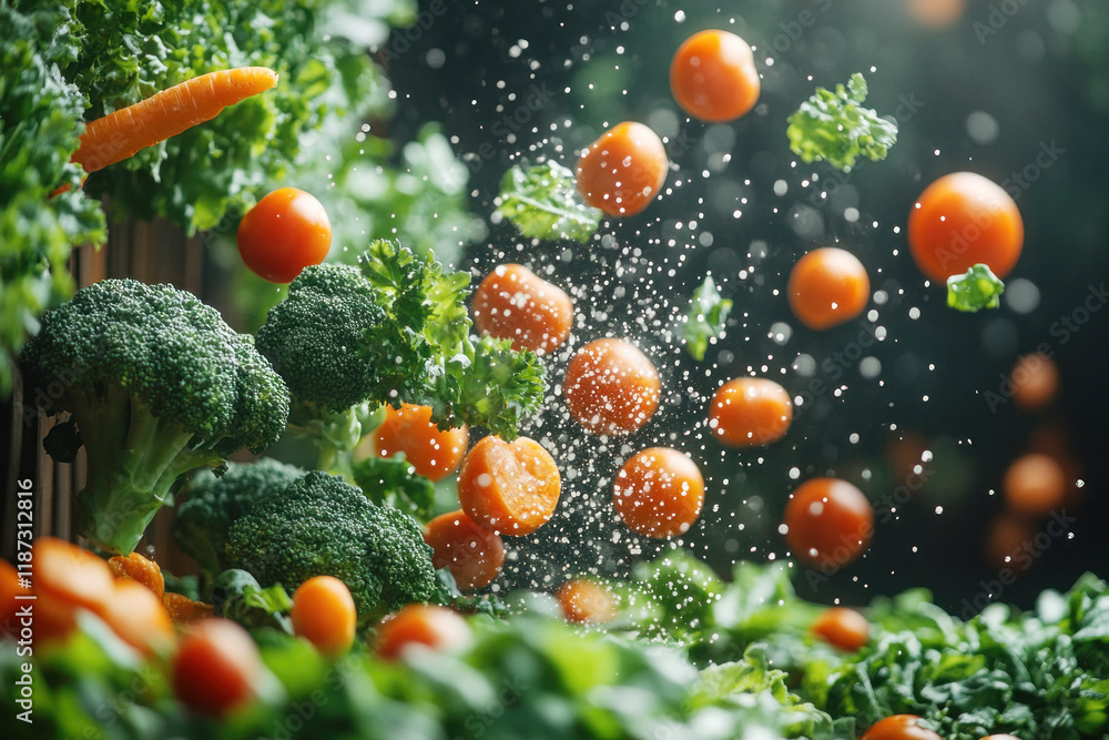 Poster fresh vegetables soar through the air, creating a lively and dynamic composition filled with color a