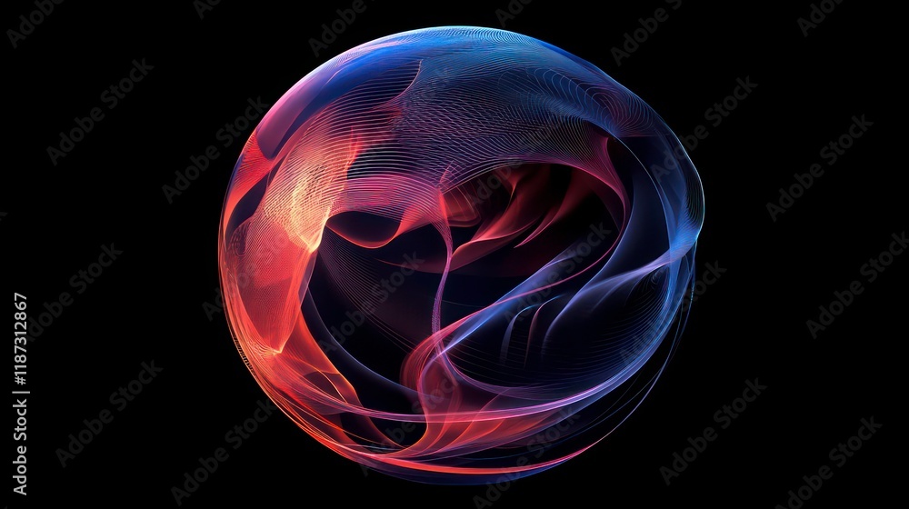 Aufkleber abstract sphere with red and blue glowing lines inside on black background.