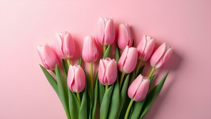Fototapeta premium Banner, background with bouquet of pink tulips flowers on pastel pink background with space for text. Flat plan, top view. Concept of Valentine's Day, Easter, Birthday, congratulations on Women's Day