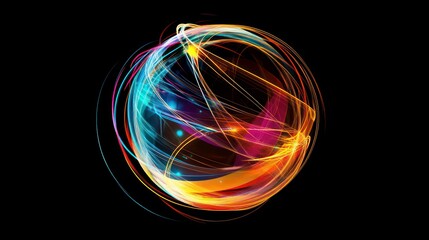 Abstract colorful glowing sphere with swirling light trails on black background.