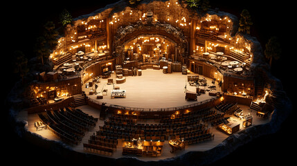 Obraz premium Illuminated cave theater model, detailed interior, stage, seating.