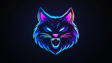 Fototapeta premium Neon cat head illustration. Glowing colors on black background. Cool design.