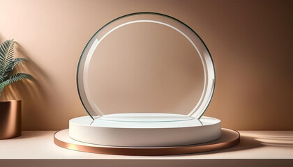minimal two tiered white podium on beige backdrop with glass circle for product display and modern art showcase