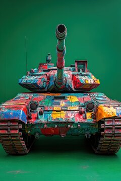 Colorful, weathered tank, front view, green background.