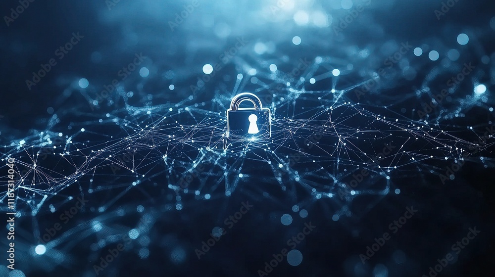 Poster concept of protecting cybersecurity with visual lines and scale