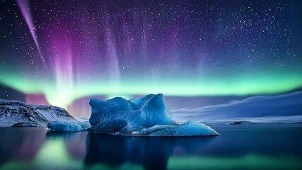Aurora borealis illuminates Jokulsarlon iceberg on a clear Arctic night, Aurora borealis over floating iceberg Jokulsarlon Iceland vertical