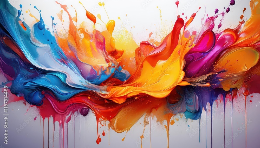 Poster vibrant and colorful acrylic splashes on white background a kaleidoscope of colors and textures capt