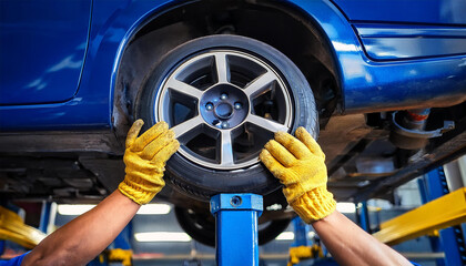 the blue lift post with yellow hands supported the car chassis in the repair shop