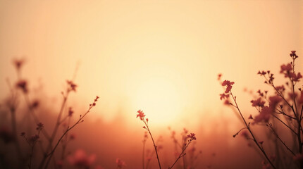 Obraz premium Serene sunset over wildflowers in misty landscape, tranquility