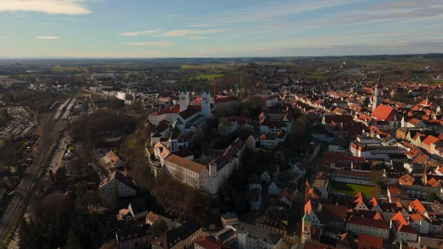 Freisinger Dom Germany, Bavaria aerial view in winter in sunny weather without snow. Dom St. Maria und St. Korbinian in Freising Deutschland, Bayern Luftaufnahme im Winter bei sonnigem Wetter. 