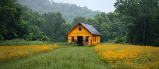 Yellow Cabin in a Field of Wildflowers