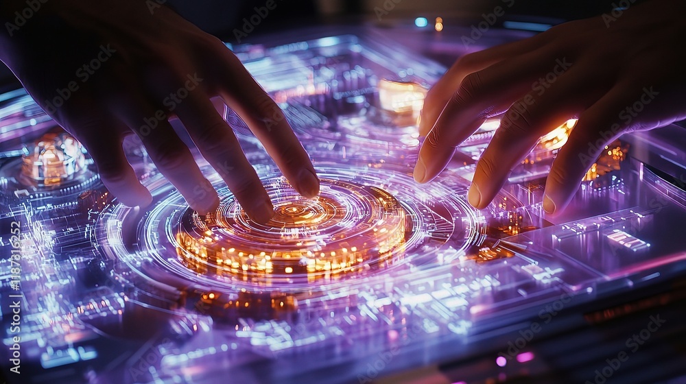 Poster engineers and developers interacting with futuristic technology interface