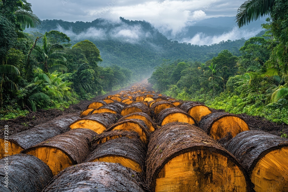 Poster cut down trees line the path through a tropical forest in a remote location