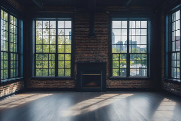 Dark room featuring a brick fireplace wall with large windows, creating a cozy and empty atmosphere for interior design