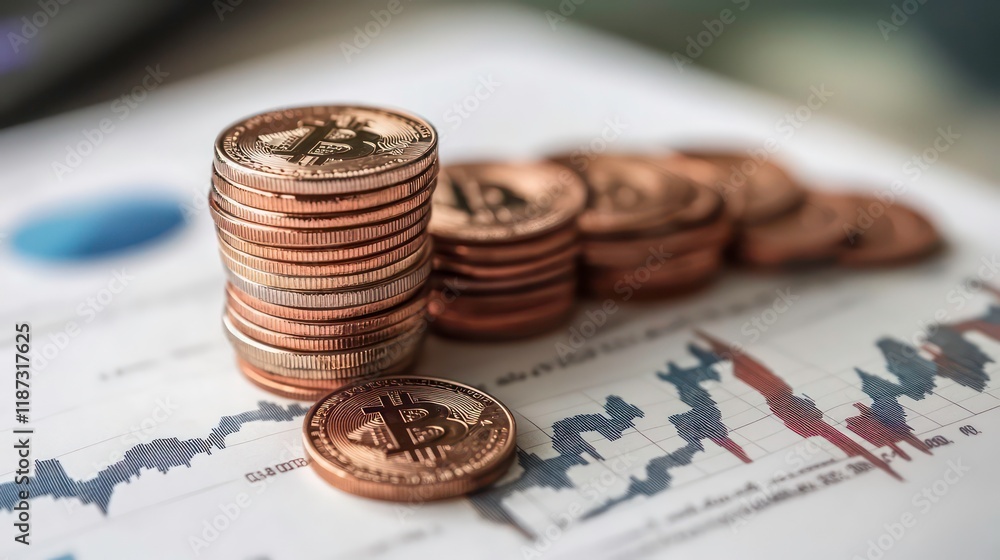 Aufkleber stack of bitcoin coins on financial chart.