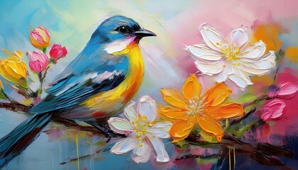 Vibrant and Colorful Abstract Painting A Striking Bird Perched Amidst Spring Blossoms in a Kaleidoscope of Hues