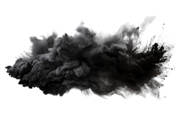 Dark smoke cloud billowing in front of a white background during a controlled explosion