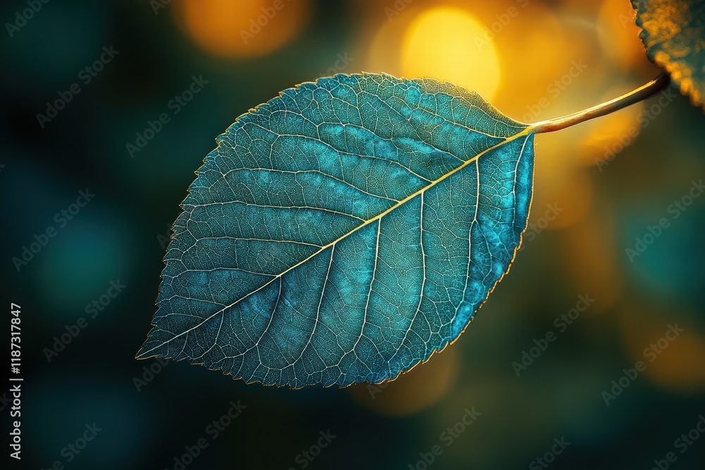 Poster intricate veining pattern of a leaf illuminated by soft golden light