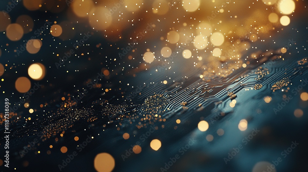 Poster abstract printed circuit board elements with golden bokeh effects
