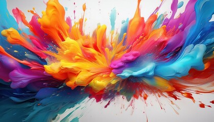 Striking Abstract Color Paint Explosion on White Canvas Vibrant Swirls of Chromatic Energy Echoing a Frenetic Artistic Expression on Empty Space
