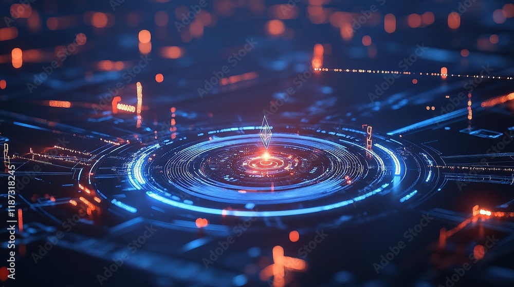 Poster blue hologram interface with digital circles and lines in 3d space
