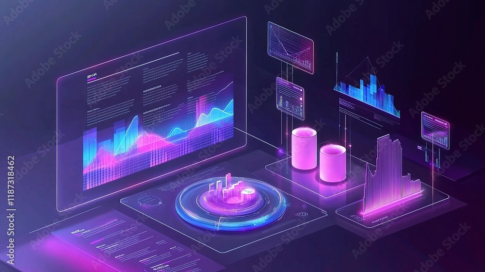 Poster futuristic data visualization with holographic elements and charts