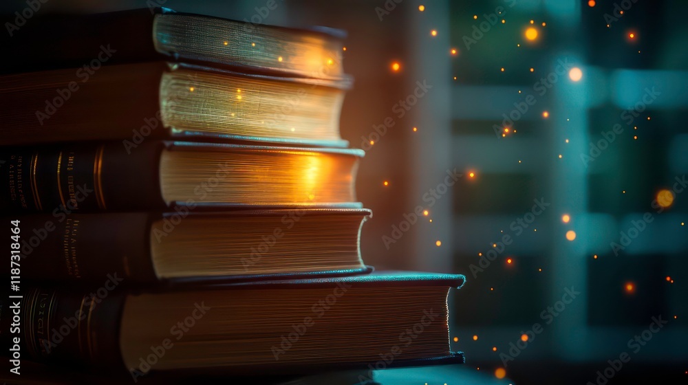 Poster stack of old books glowing with magical light.