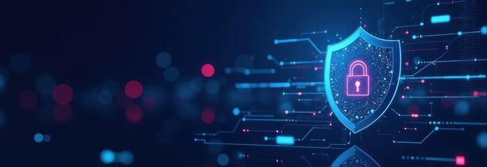 Cybersecurity shield protecting digital information in futuristic network