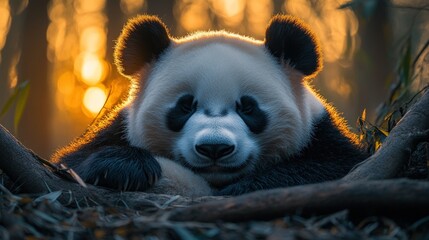 Fototapeta premium Golden sunset, resting panda, serene nature.