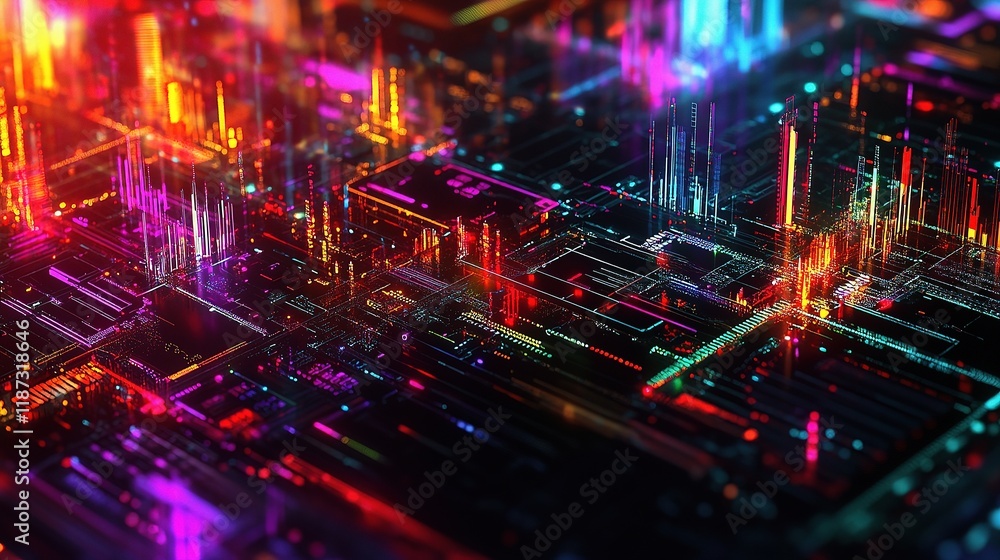 Poster vibrant digital technology concept with colorful lines and patterns