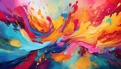 Vibrant and Dynamic Abstract Paint Splatters Backdrop, Embracing a Rich Palette of Colors and Textures, Portraying an Expressive Artistic Masterpiece.