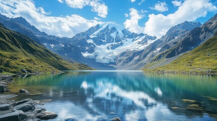 Fototapeta premium Lake with snow-capped peaks and azure sky reflections