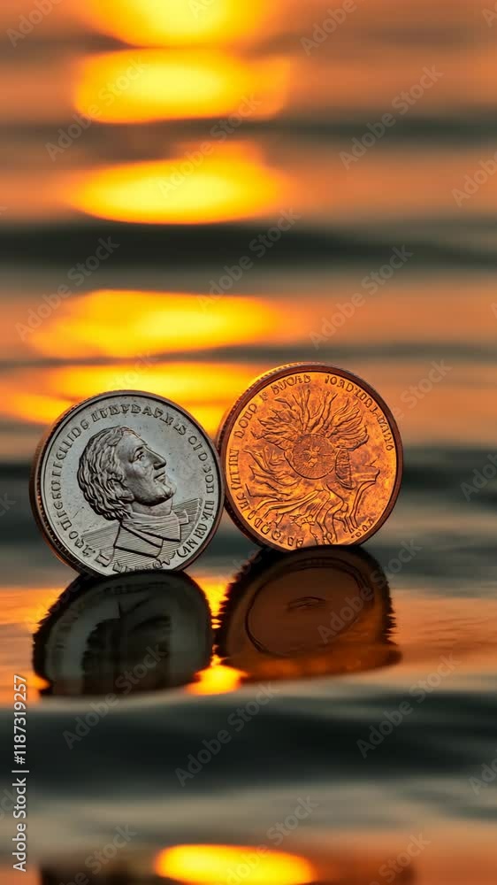 Poster two coins resting on a reflective surface during sunset create a stunning visual of light and shadow
