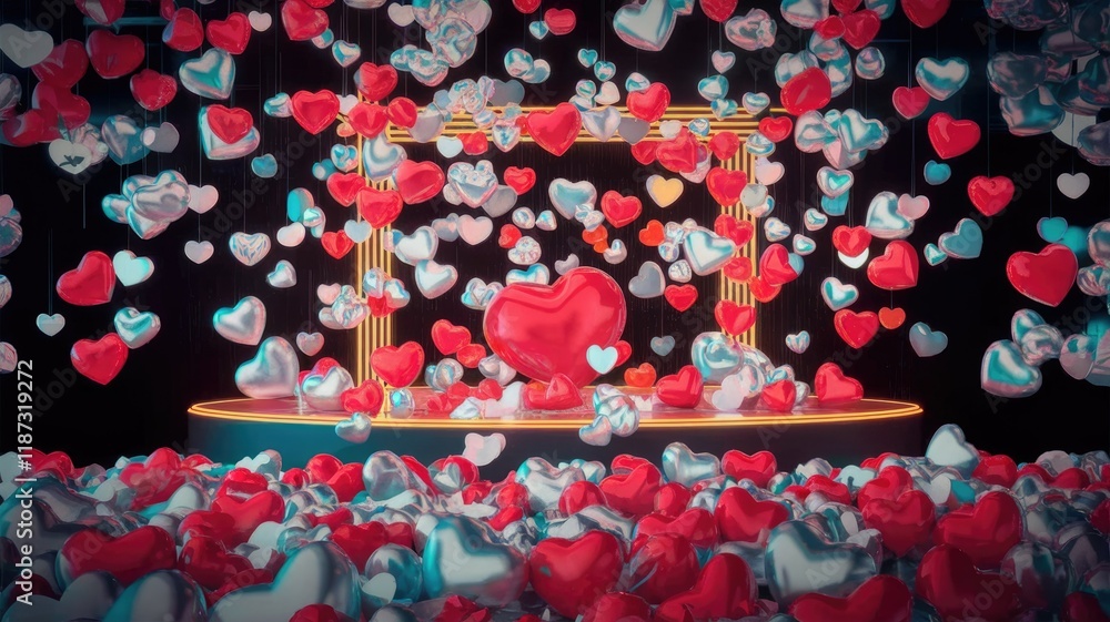 Poster A romantic 3D rendering of hearts falling onto a stage with a golden frame, creating a loving atmosphere.