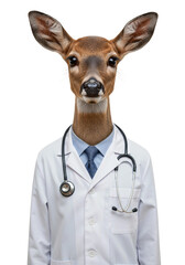 A portrait of a deer wearing a white doctor's coat with a stethoscope around its neck, white background.

