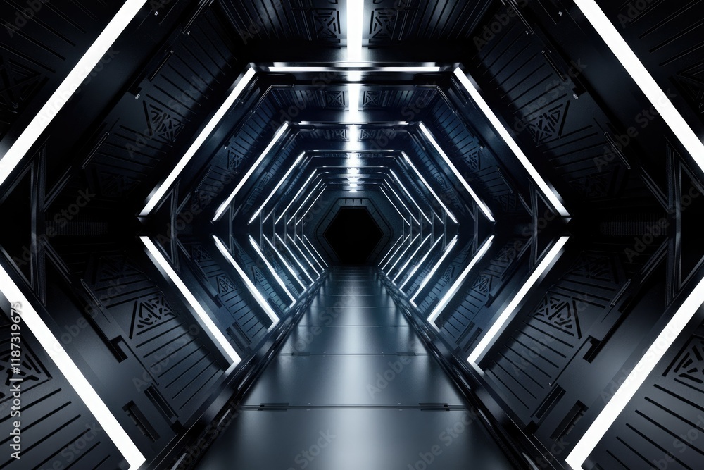 Poster a futuristic hexagonal corridor with bright white lights illuminates a dark metallic tunnel.