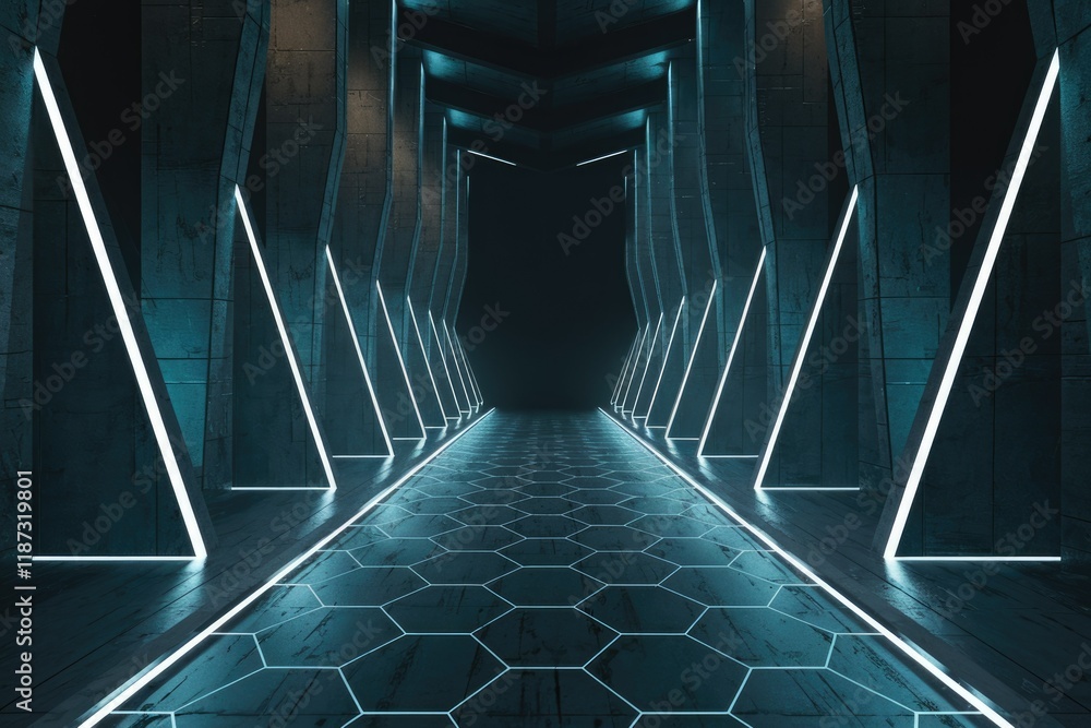 Poster futuristic neon-lit corridor with hexagonal floor, dark concrete walls, and triangular light fixture