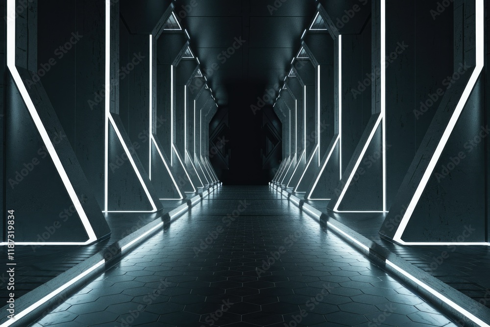 Poster futuristic, neon-lit corridor with geometric architecture, creating a sleek and modern aesthetic.