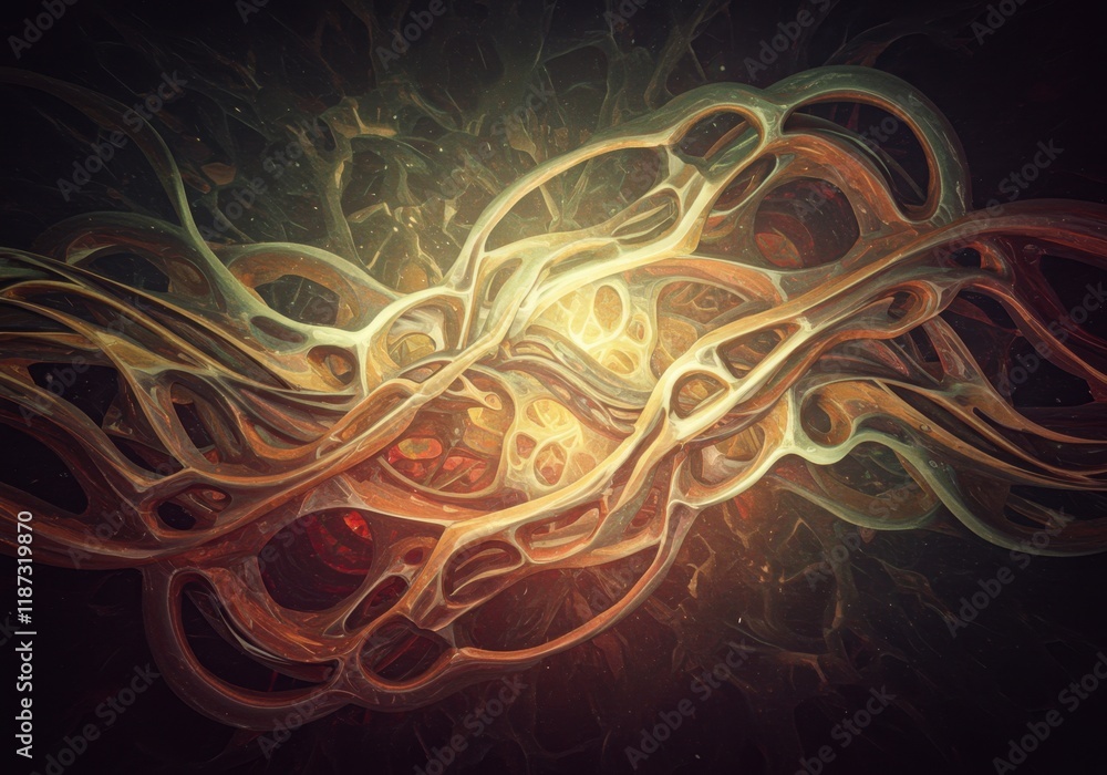 Poster intricate abstract neural network with organic wave patterns and golden glow