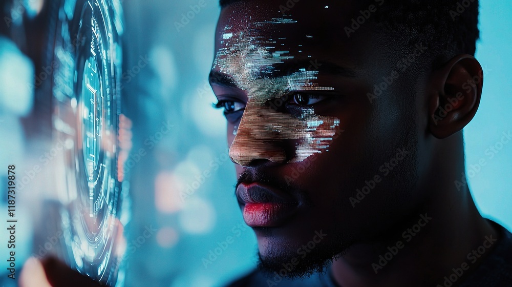 Poster man interacting with futuristic holographic display in digital space